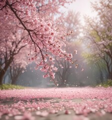 Fototapeta premium Soft pink sakura petals descend, blurring into a dreamy spring scene , oriental, bokeh