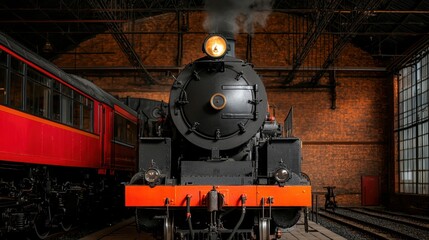 Obraz premium History Legacy Impact Concept, Restored Steam Locomotive on Display in Railway Museum with Vintage Train Cars in Background