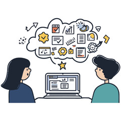 Brainstorming Team Looking At Data Analysis On A Laptop With Business Idea Cloud