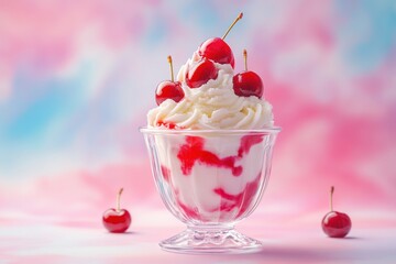 Cherry-topped vanilla ice cream sundae in a clear glass cup, pastel background, summer dessert theme, bright and cheerful mood, 
