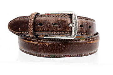 Brown Distressed Leather Belt with Silver Buckle and Stitched Edges