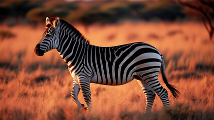 Zebra standing in the wild savanna during sunset surrounded by nature and grass