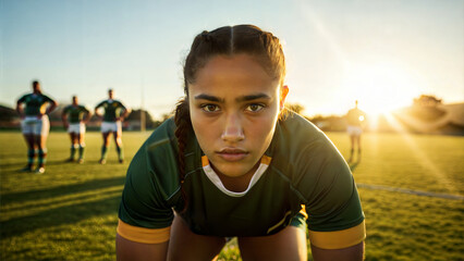 Young female rugby player catching her breath on sunny field, showing determination.