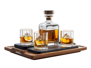  Whiskey Decanter and Glasses Set on Wooden Tray PNG