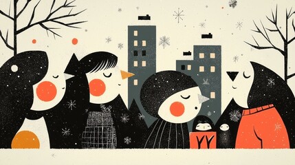Several stylized figures are standing in a winter cityscape setting