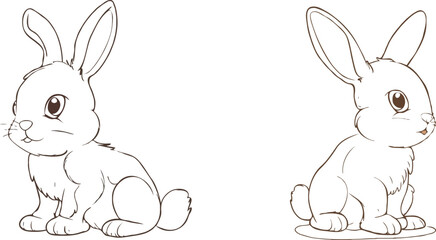 Two Cute Bunny Rabbits Outline Vector Illustration Line Art Drawing