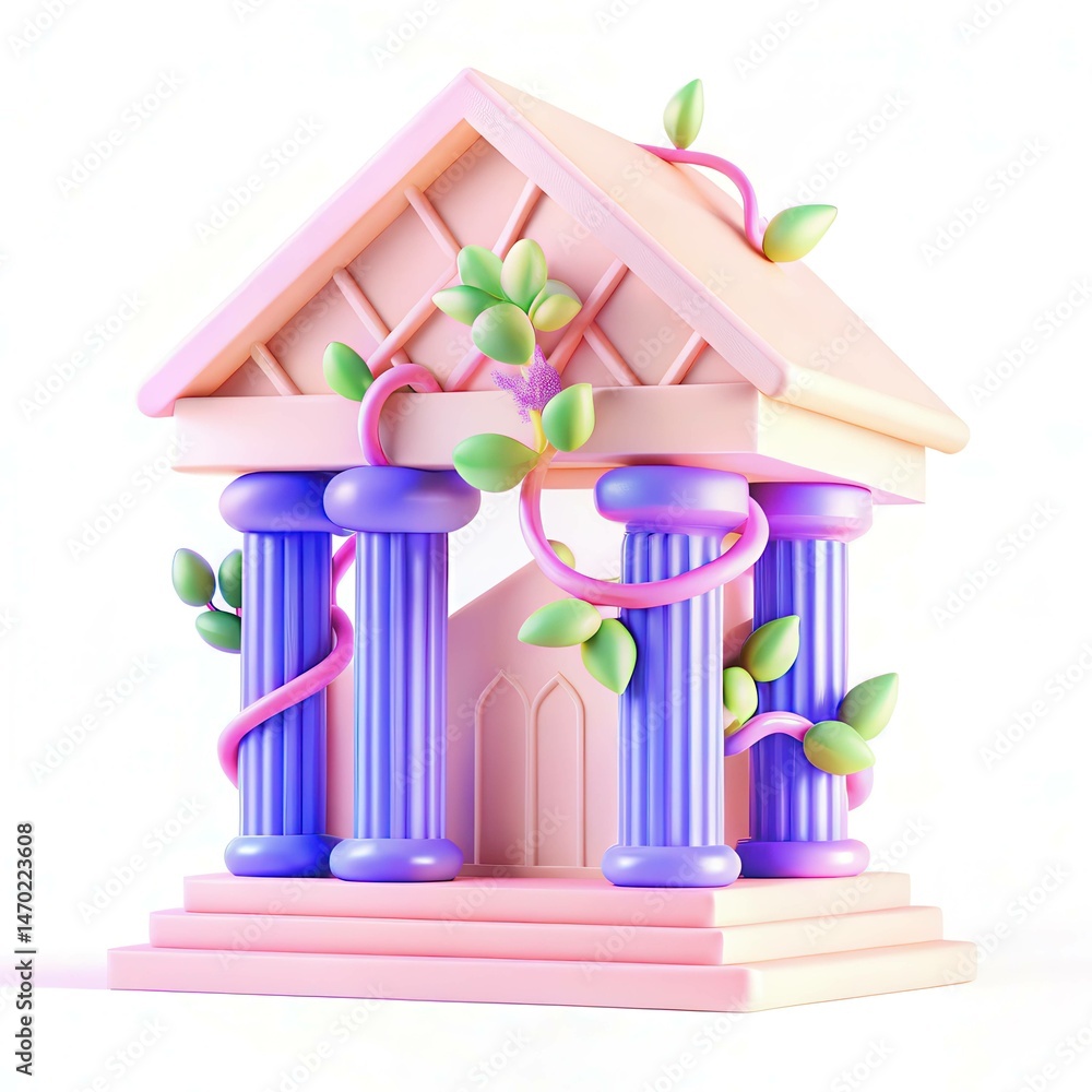 Poster a colorful 3d model of a temple with columns and vines intertwined, showcasing modern design and pla