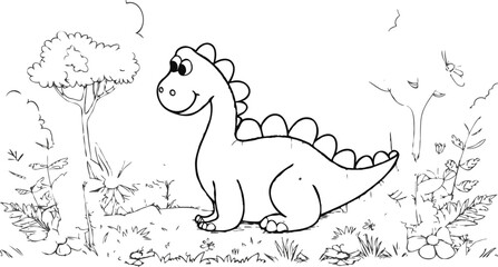Dinosaur In Forest Coloring Page For Children Vector Illustration Art