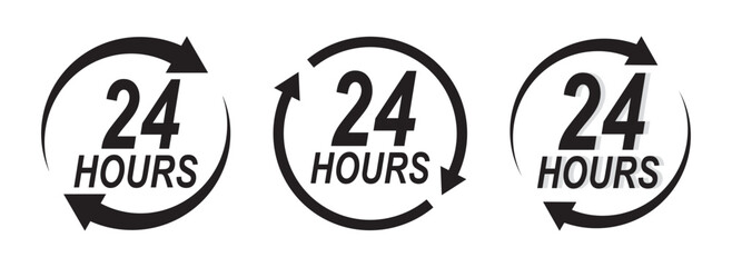 24 hour service icon. 24 hours icon.  24 Hour time icons set. service icon set. 24-7 open, Set of 24h service duration icon collection. Support 24 hours, Support service symbol. 