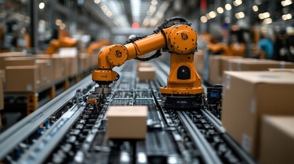 Fototapeta premium Industrial robotics in warehouse automation with packing boxes
