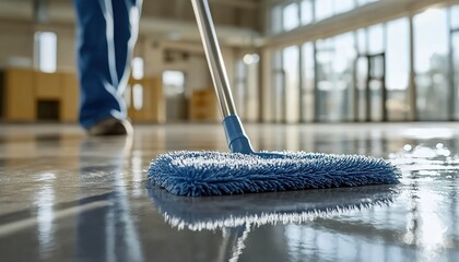 A person mopping a glossy floor with a blue-handled mop, wearing blue pants and yellow shoes in an indoor setting.