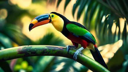 Fototapeta premium Colorful toucan sitting on a tree branch in the tropical jungle