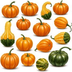 Assortment of Pumpkins and Gourds on White Background