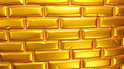 Close-up of a wall made of golden bricks with a metallic texture