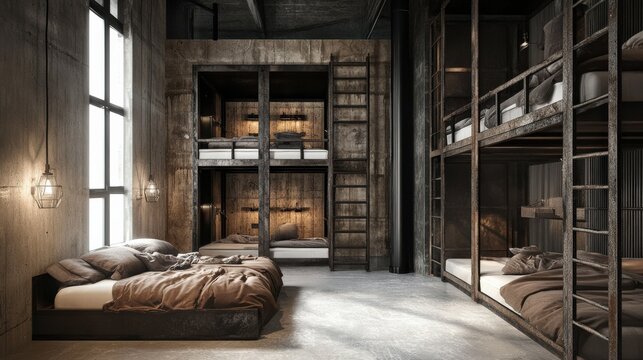 Modern industrial style dormitory with metal bunk beds and cozy bedding - Powered by Adobe