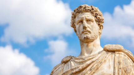 Obraz premium History Legacy Impact Concept, Weathered Statue of a Historical Figure Against a Bright Blue Sky with Clouds