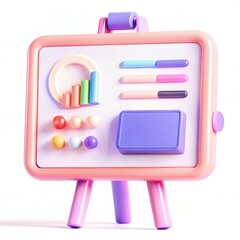 A colorful educational board featuring various shapes and pens, set against a bright background.