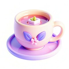 A whimsical tea cup with a flower and leaf design, filled with pink liquid, resting on a matching saucer.