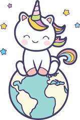 Fototapeta premium Cute Cartoon Unicorn With Rainbow Mane Sitting On Top Of The World