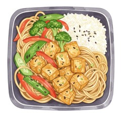 Delicious Tofu and Vegetable Pasta with Rice Bowl