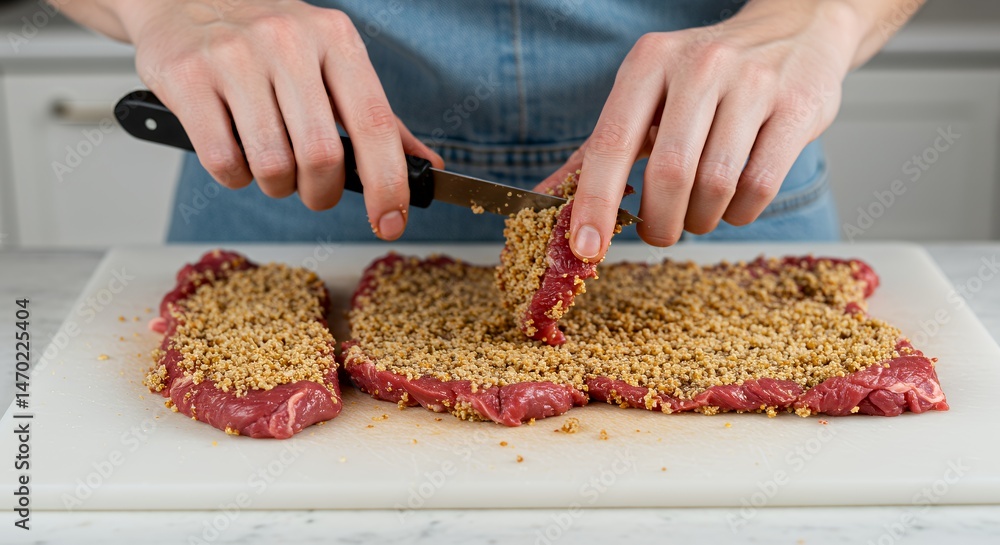 Poster sprinkling sesame seeds on fresh meat slices creating a crust with sharp knife on white background f