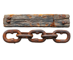 Rusty chain and weathered wood plank industrial scene isolated on transparent background