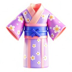 A colorful kimono with floral patterns in pink and purple, showcasing a stylish design.