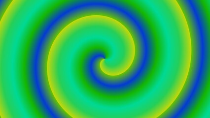 Hypnotic spiral in shades of green, blue, and yellow