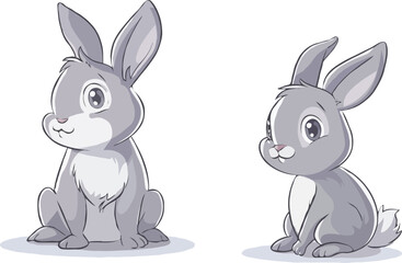 Two Cute Gray Cartoon Rabbits Sitting Down On A White Background