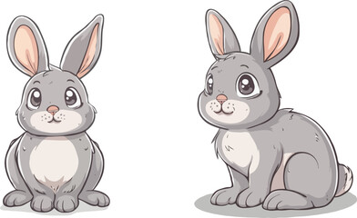 Two Adorable Gray Bunny Rabbits Cartoon Illustration Sitting On White Background