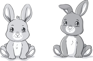 Two Cute Gray Cartoon Rabbits Sitting Upright With Big Eyes Illustration