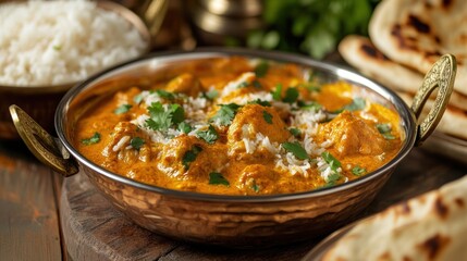 Creamy chicken curry with rice and naan