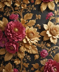 Opulent floral wallpaper, gold leaf details, vibrant blooms, metallic, deco, royal