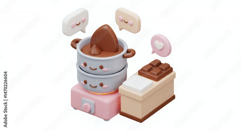 Poster kawaii chocolate tempering scene in 3d rendering isometric view with pastel colors isolated on white