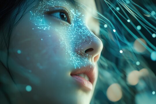 Close-up of a young woman's face with a futuristic network connecting her skin to the future technologies.