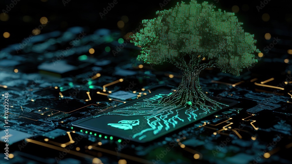 Poster a digital green pixel tree grows on an electronic circuit board