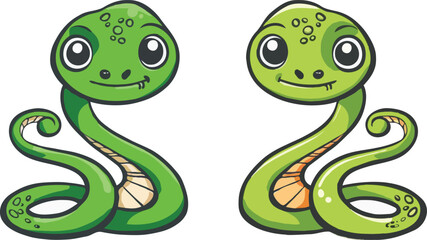Two Cute Green Cartoon Snakes Smiling With Big Eyes Illustration