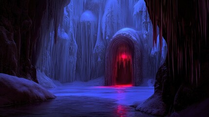 An icy cavern with a glowing red portal in the center