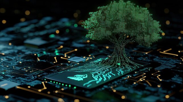 A digital green pixel tree grows on an electronic circuit board