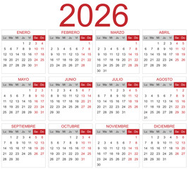 Modèle de calendrier 2026 pour agenda, planificateur, organiseur avec mois et semaines en espagnol - textes vectorisés et non vectorisés sur calques séparés