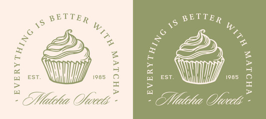 Matcha sweets cupcake cake Japanese dessert lovers green tea flavor aesthetic logo badge sticker label. Cute trendy fancy girly organic natural vegan food girl funny quotes shirt design illustration.