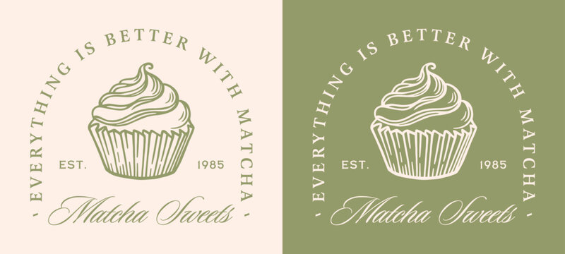 Matcha sweets cupcake cake Japanese dessert lovers green tea flavor aesthetic logo badge sticker label. Cute trendy fancy girly organic natural vegan food girl funny quotes shirt design illustration.
