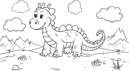 Cute Cartoon Dragon On A Landscape Scene For Coloring Book Projects