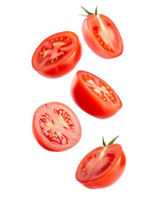 Juicy tomato slices falling vibrant red fresh healthy food photography studio shot