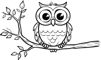 Cute Cartoon Owl Perched On A Branch Black And White Illustration