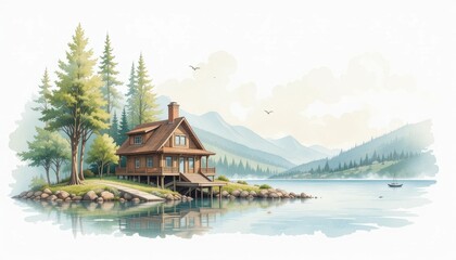 Obraz premium Tranquil lakeside retreat a charming cabin surrounded by nature serene landscape peaceful environment scenic viewpoint for relaxation and inspiration