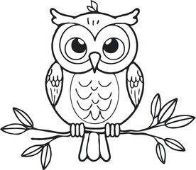 Cute Outline Owl Perched On A Branch Illustration For Coloring Pages