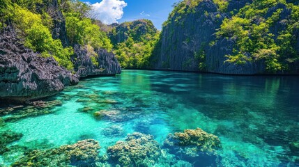Crystal-clear turquoise water, lush green jungle, dramatic limestone cliffs