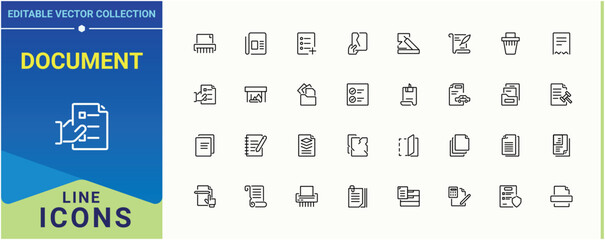 Document modern icon set. Includes symbols for file, letterhead, sheet, folded work and more. Paper icon collection. Perfect for logos and infographic. Pixel perfect. Vector illustration.