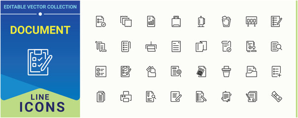 Document icon collection. Contains related to folded sheet, hardcopy, report, contract letterhead. Paper icon set in linear style. Minimalist vector collections. Editable vector.